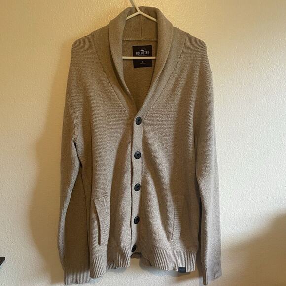 Hollister Mens Thick Knit Shawl Collar Button Cardigan Sweater Beige Size Large - Picture 1 of 8